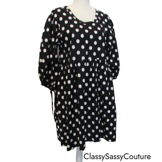 Polka Dot Cotton Tunic Dress, Empire Waist Tie, 3/4 Sleeve