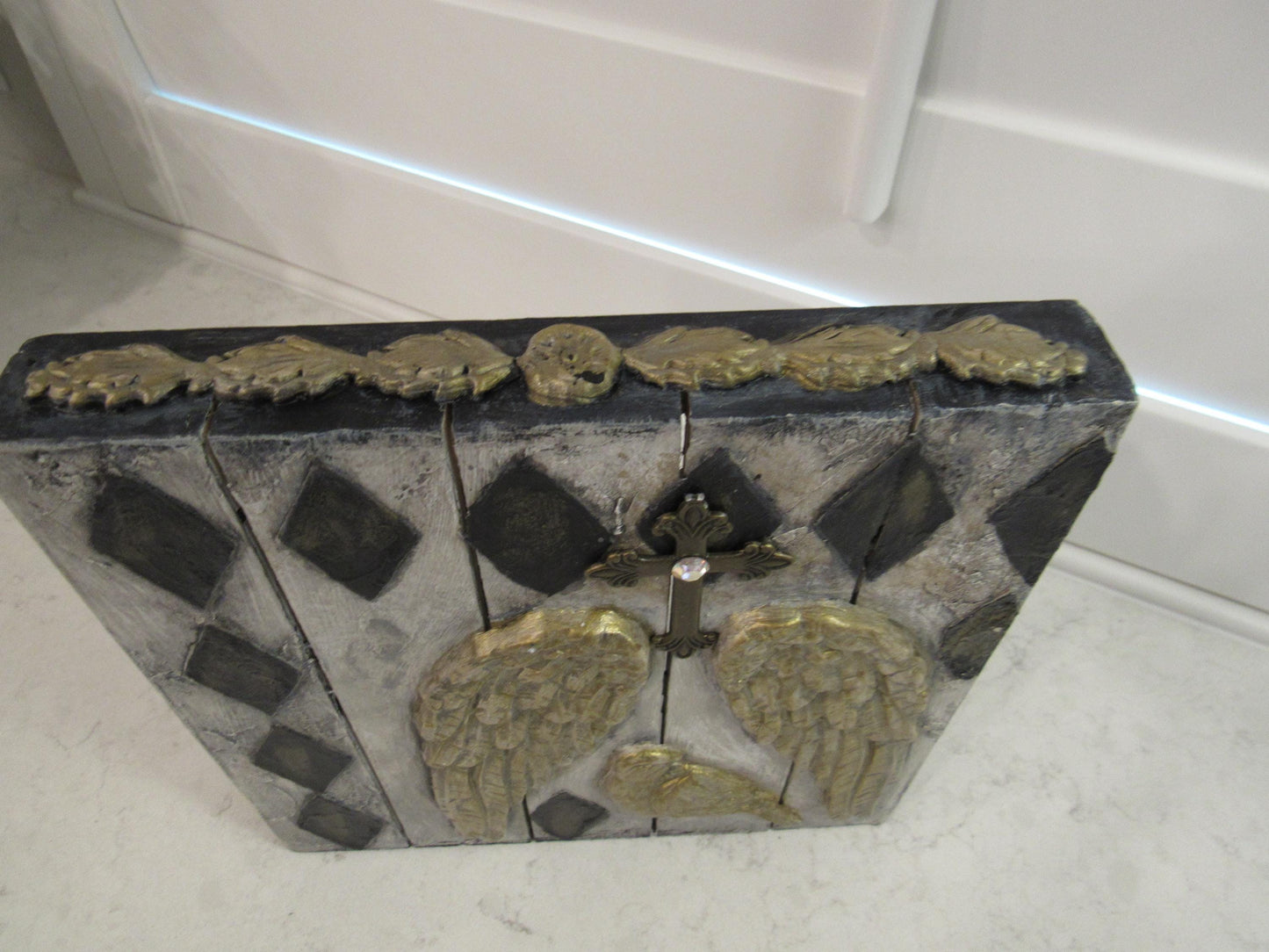 Handmade angel wings and bird decorative picture on wood