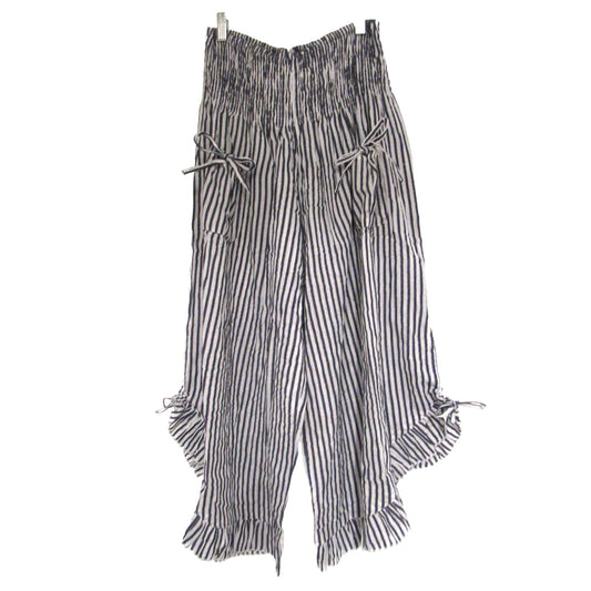 Wide Leg Cotton Capri Pants: One Size Ruffle Tie, Elastic Waist - Striped (Red, Dark Blue, Grey)