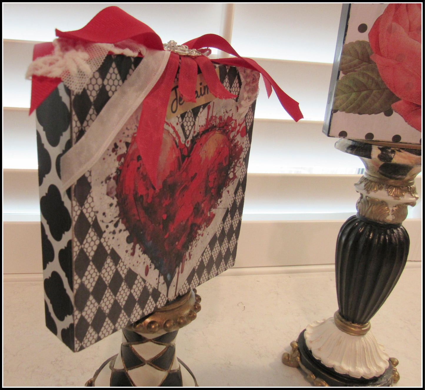 Handmade black and white herringbone Valentine day shelf sitters with lace
