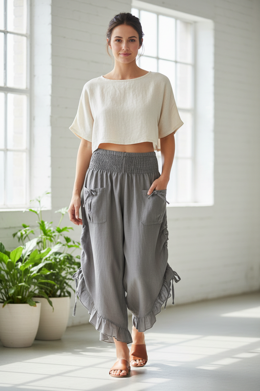 Cotton Wide Leg Bloomer Pants - Solid Colors with Elastic Waist & Tie Pockets