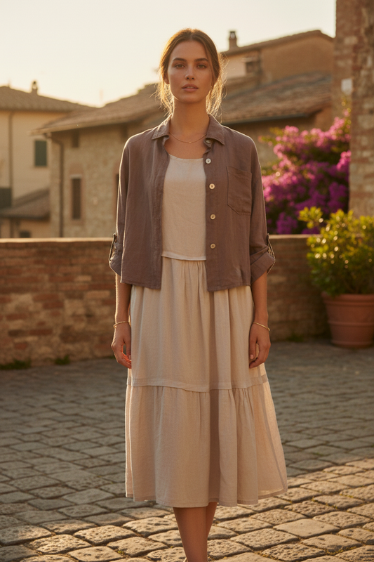 Beige linen tiered dress styled with cropped taupe linen jacket - jacket sold separately