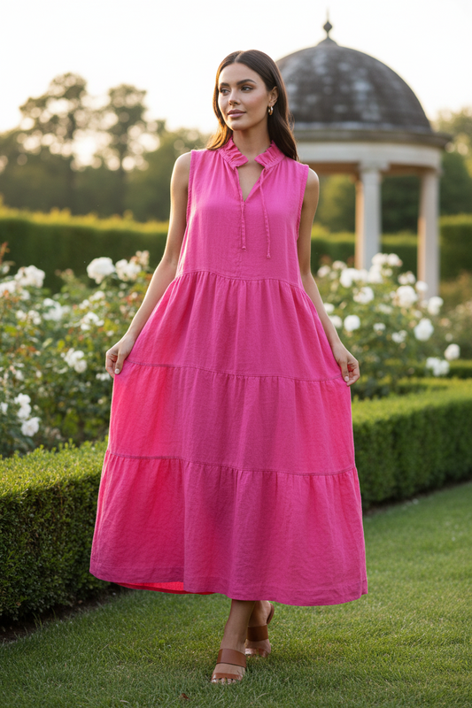 Hot Pink Linen Maxi Dress - Sleeveless Ruffle Collar Tiered Maxi