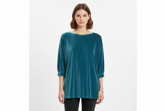 L&B Life Luxe Velvet Top: Teal Turquoise with Gathered Sleeves