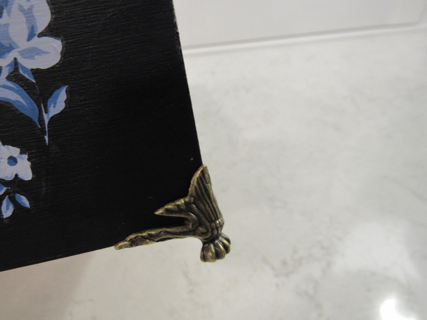 Hand-Painted Bamboo Storage Box with Blue Florals - Black with Brass Feet