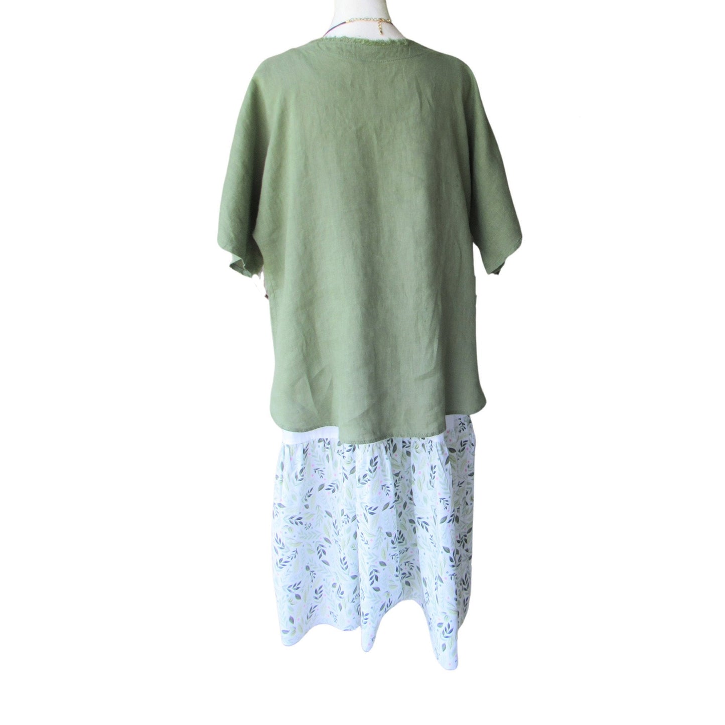 Green Linen Hi-Low Topper - Frayed Neckline, Lightweight Layering