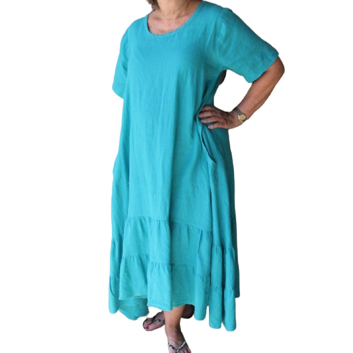 Turquoise Linen Boho Midi Dress with Tiered Ruffle Hem - Sassy Rags