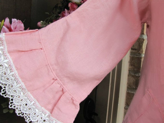 Ladies 100% Pink Linen Ruffle Rosie Top with Venise Lace