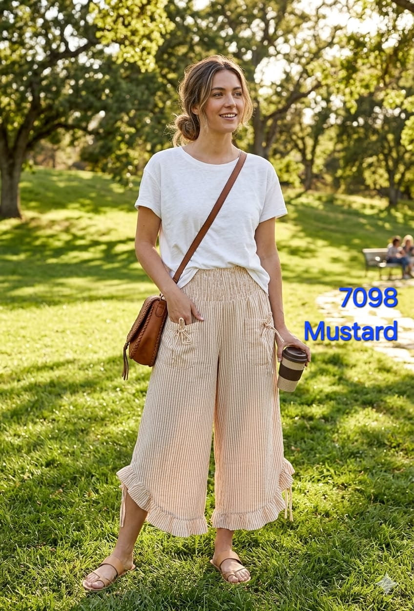 Cotton Wide Leg Bloomer Pants - Striped with Elastic Waist & Tie Pockets