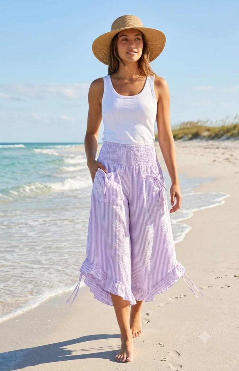Cotton Wide Leg Bloomer Pants - Striped with Elastic Waist & Tie Pockets