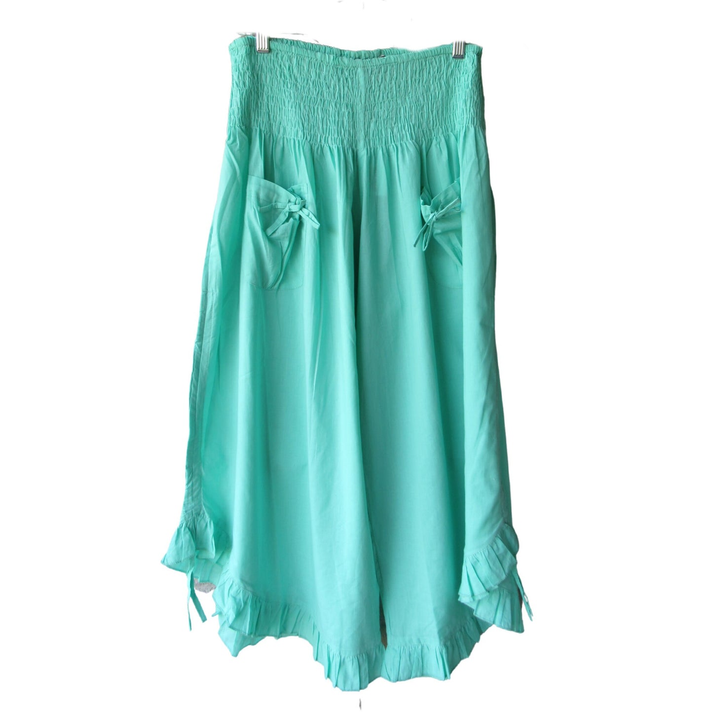 Wide Leg Cotton Capri Pants: One Size Ruffle Tie, Elastic Waist