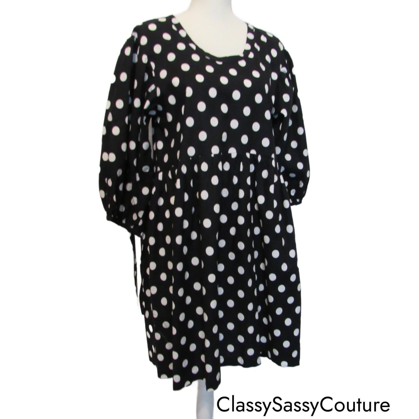 Polka Dot Cotton Tunic Dress, Empire Waist Tie, 3/4 Sleeve