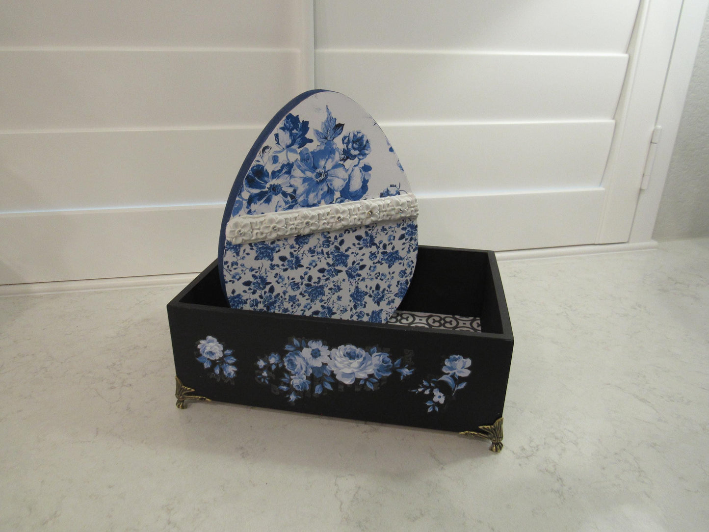 Hand-Painted Bamboo Storage Box with Blue Florals - Black with Brass Feet