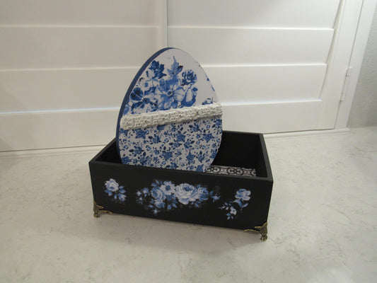 Hand painted bamboo box with blue florals and gold legs