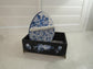 Hand-Painted Bamboo Storage Box with Blue Florals - Black with Brass Feet