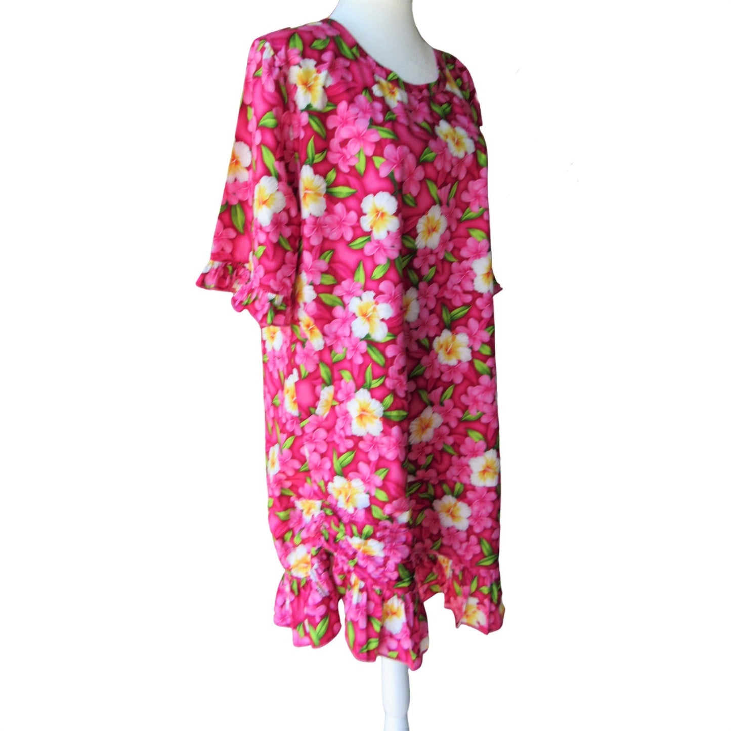 Hot Pink Floral Tunic Dress - Short Ruffle Sleeve Cotton Dress with Ruffle Hem & Pockets (XS)