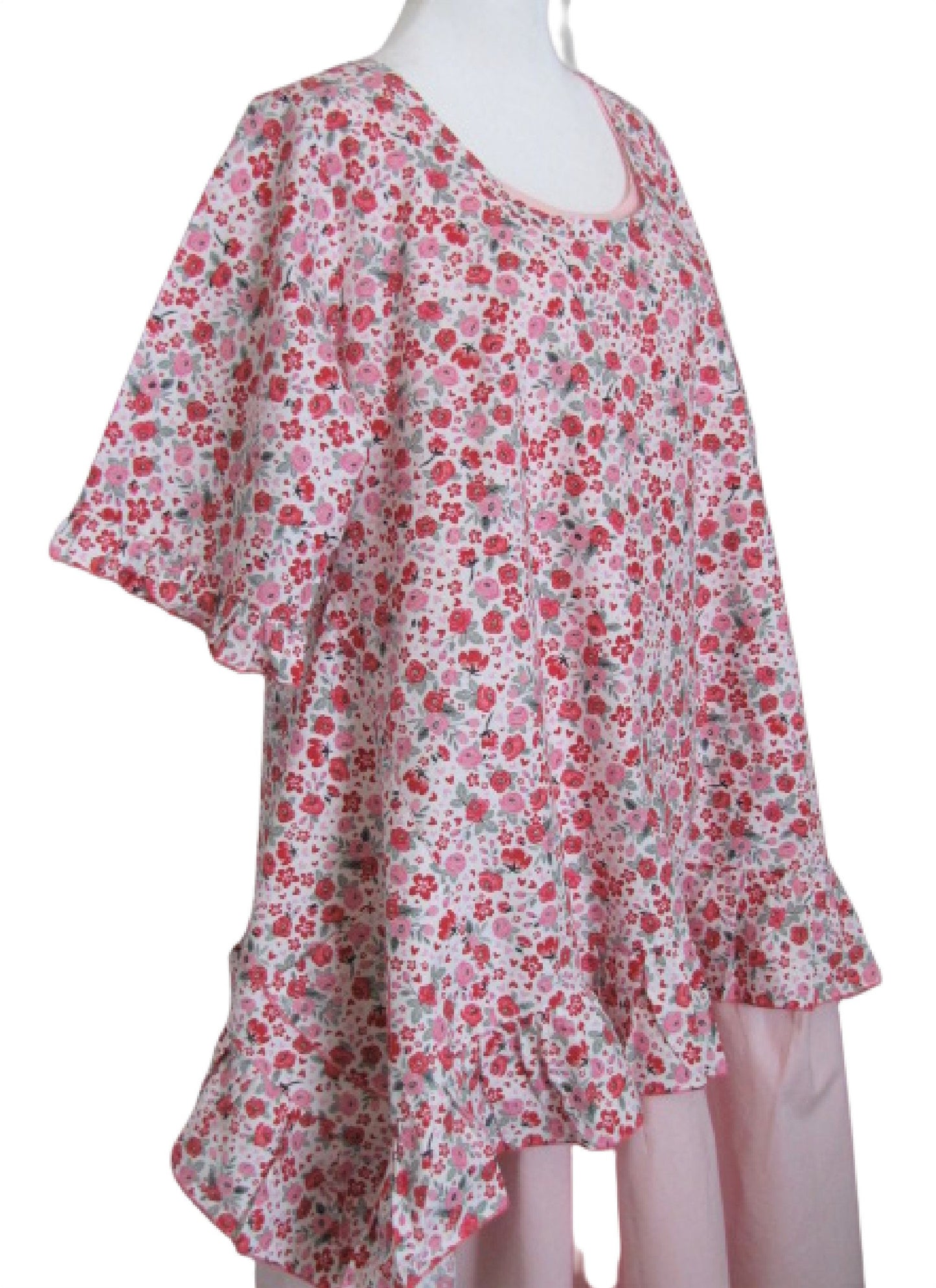 Pink Floral Swing Top - 3/4 Ruffle Sleeve Cotton Top with Ruffled Hem (S-M)