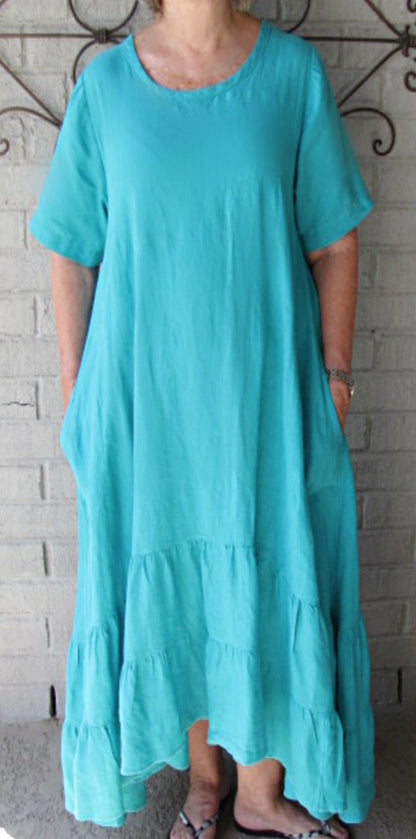 Turquoise Linen Midi Dress - Boho Style with Ruffle Hem & Pockets (XS)