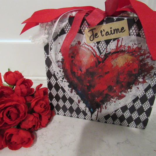 Handmade black and white herringbone Valentine day shelf sitters with lace