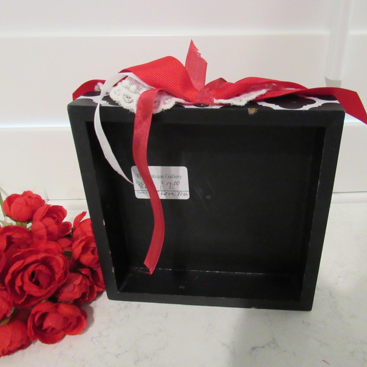 Handmade black and white herringbone Valentine day shelf sitters with lace