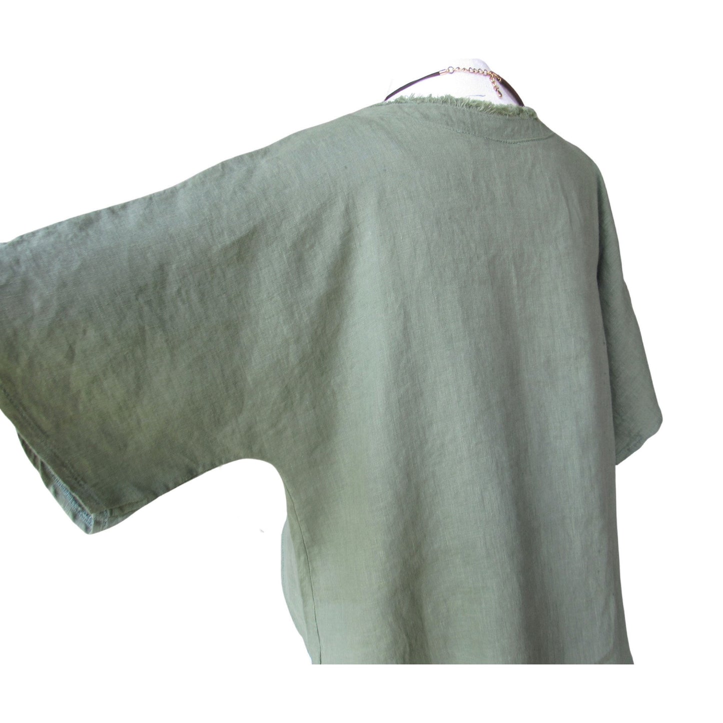 Green Linen Hi-Low Topper - Frayed Neckline, Lightweight Layering