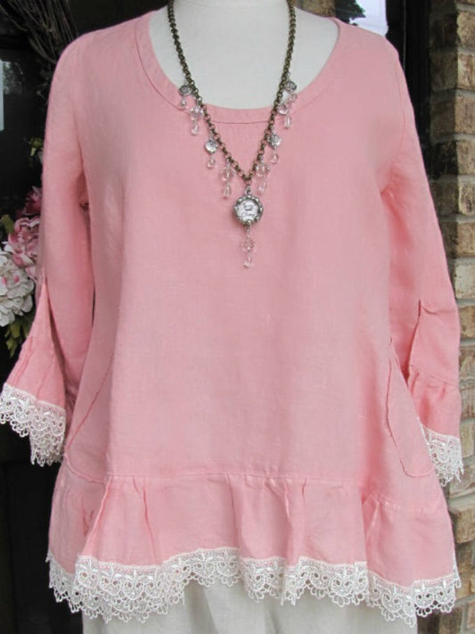 Ladies 100% Pink Linen Ruffle Rosie Top with Venise Lace