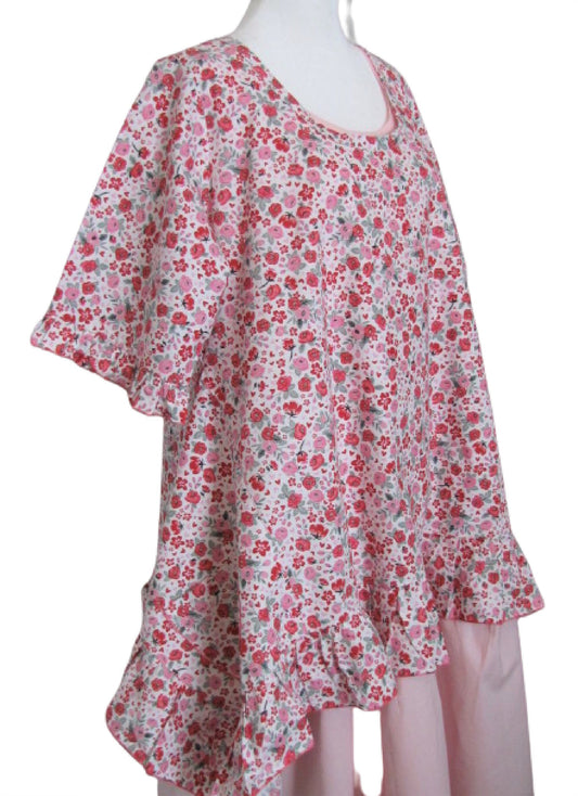 Floral Print Swing Top - Ruffled Hem 3/4 Sleeve, Ladies M