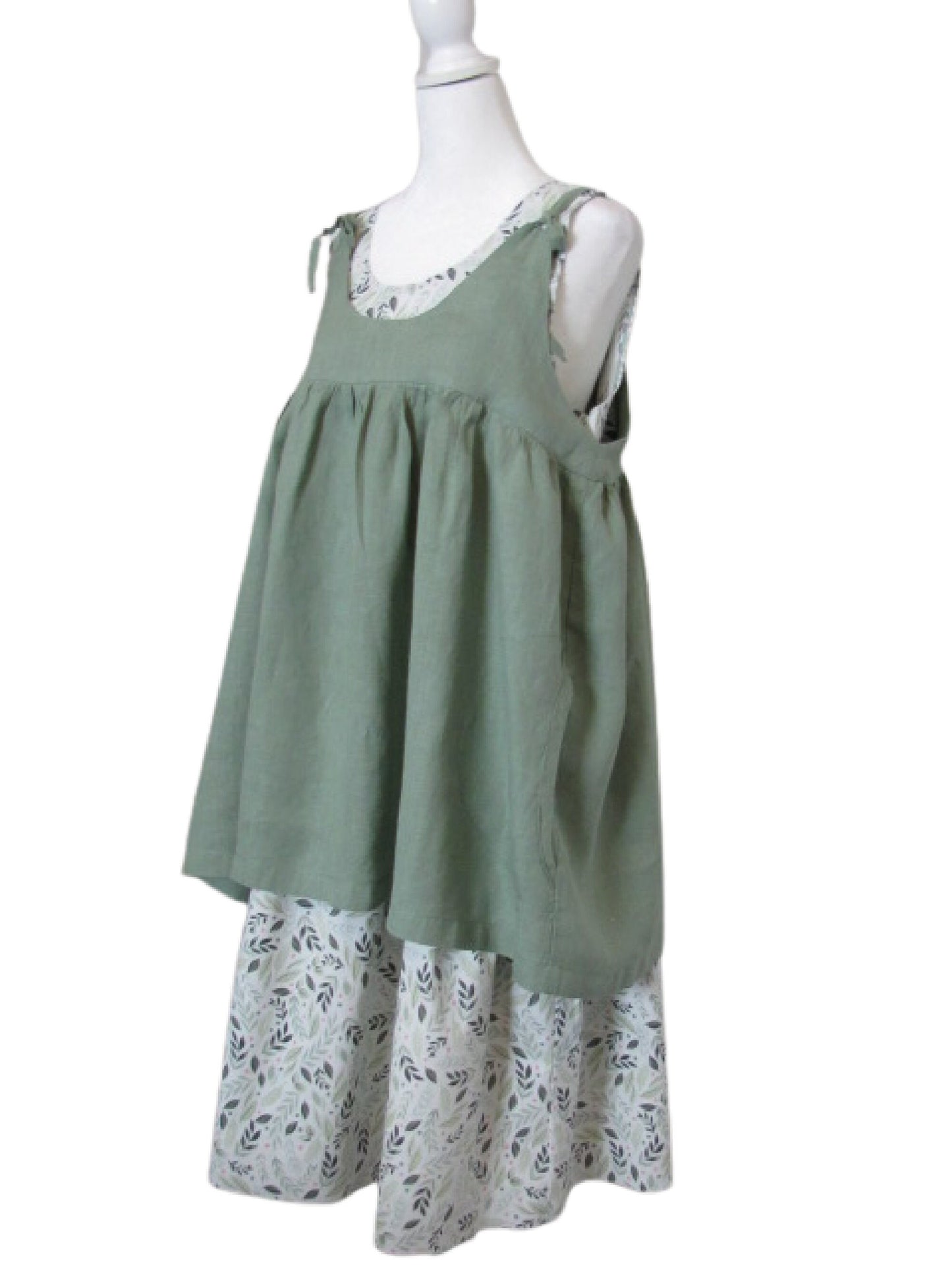 Handmade Cotton Slip Dress - Ruffled Hemline, Leaf Print (Small-Medium)