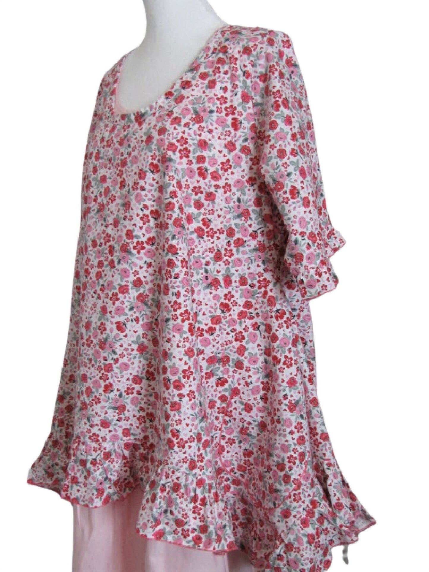Pink Floral Swing Top - 3/4 Ruffle Sleeve Cotton Top with Ruffled Hem (S-M)