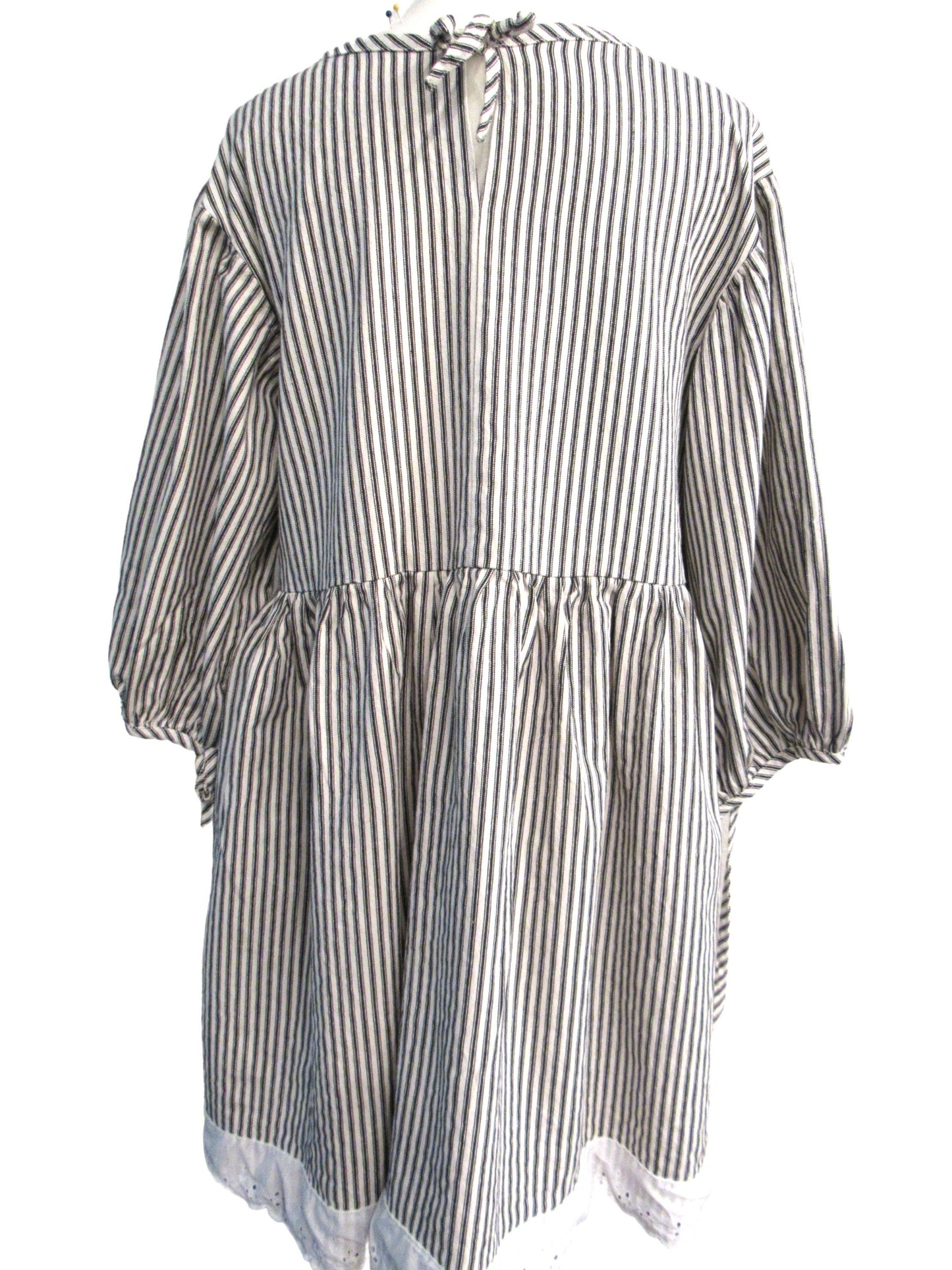 Cotton Ticking Tunic Dress - 3/4 Sleeve, Empire Waist, Eyelet Lace - Made in USA