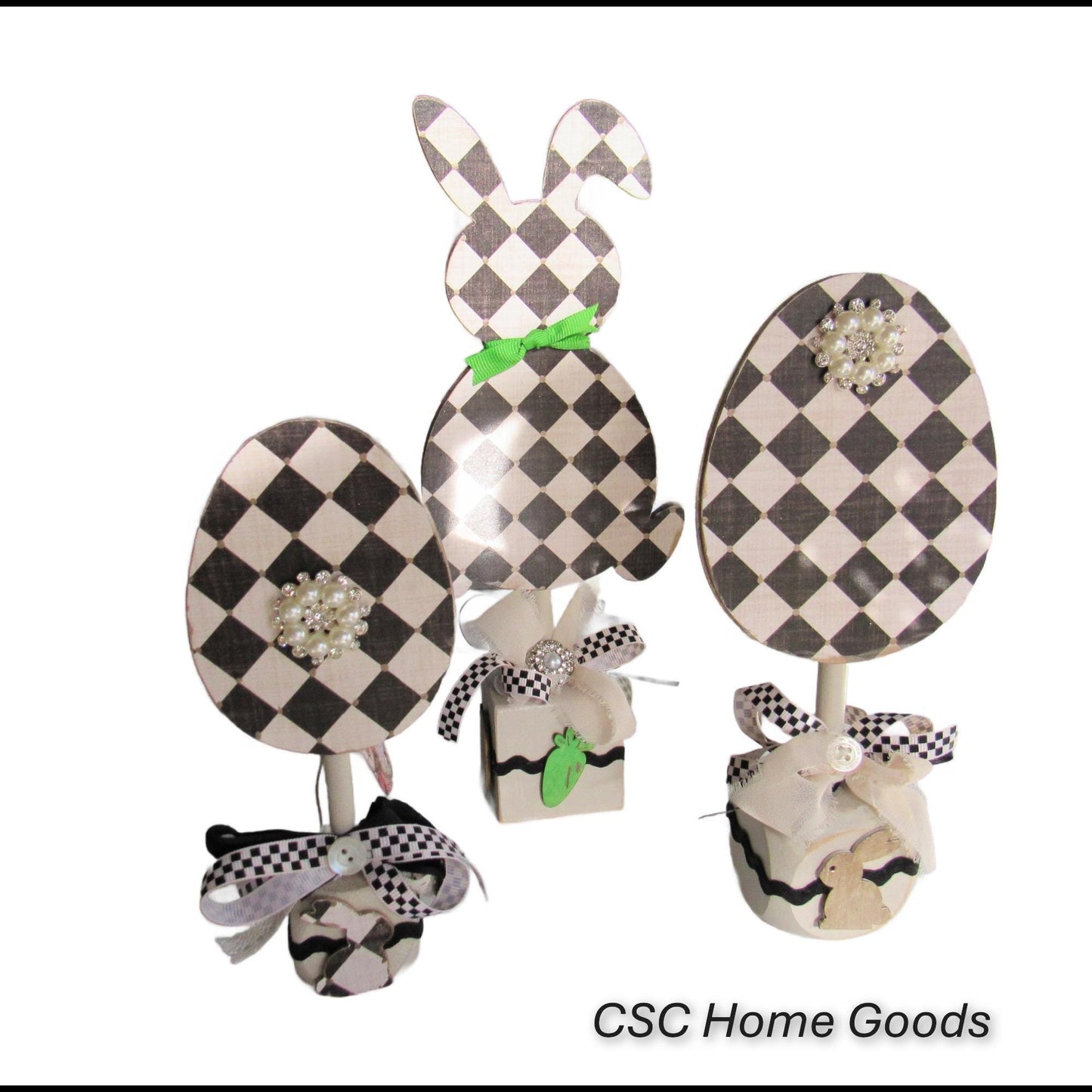 Black and off white checkered handmade wood bunny or egg home decor on a stand