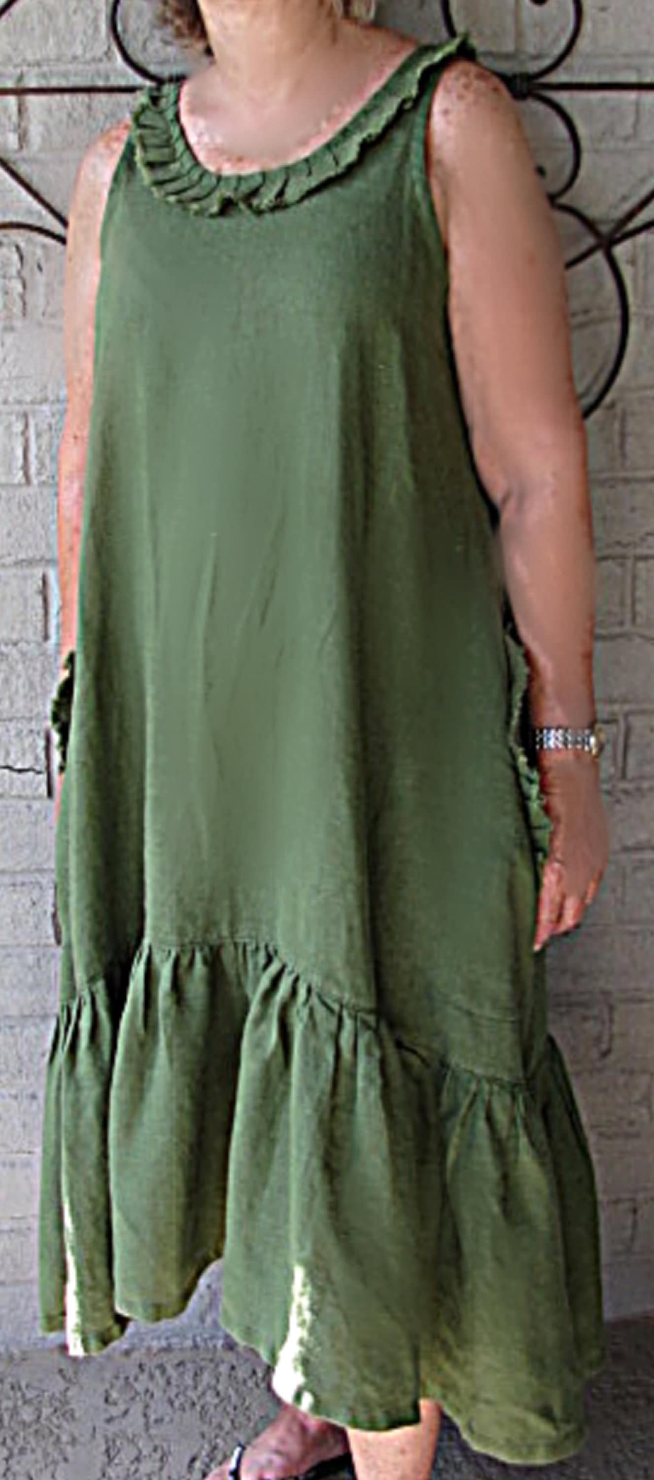 Sage Green Linen Dress - Ruffle Collar Midi with Pockets and Tiered Hem