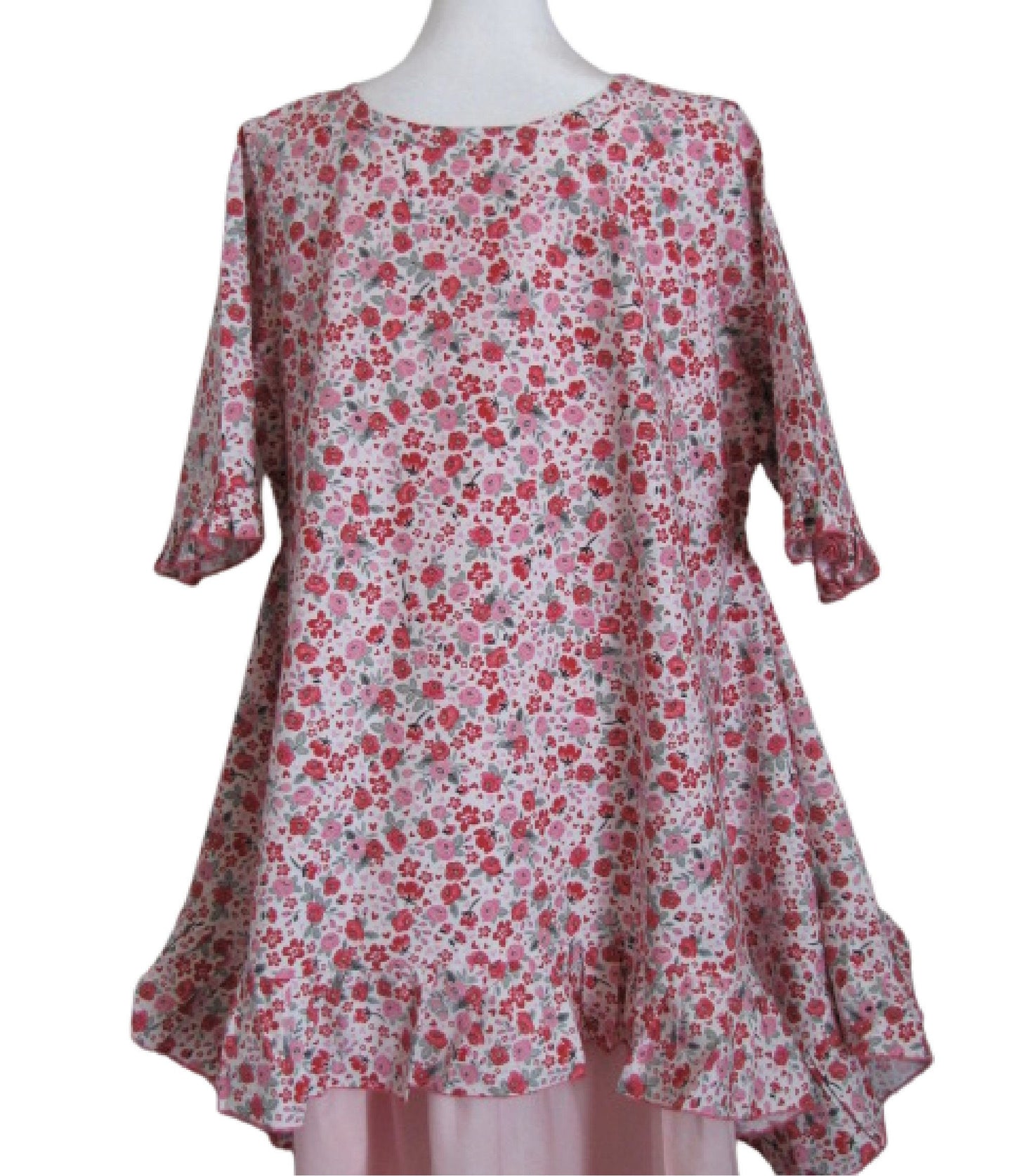Pink Floral Swing Top - 3/4 Ruffle Sleeve Cotton Top with Ruffled Hem (S-M)