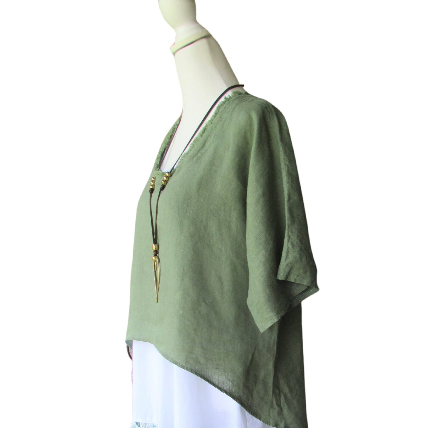 Green Linen Hi-Low Topper - Frayed Neckline, Lightweight Layering
