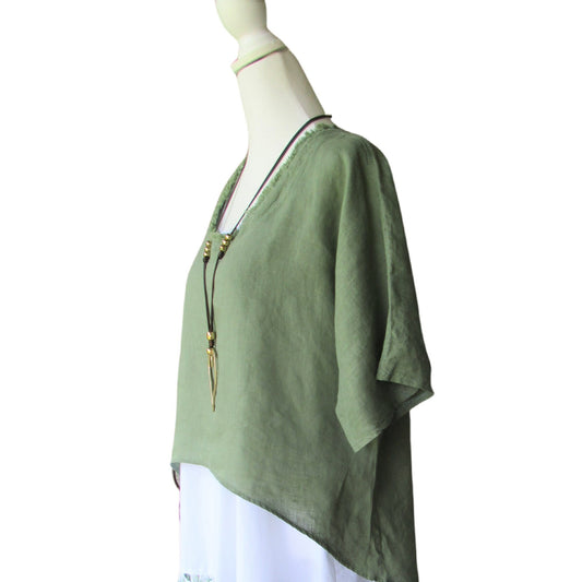 Green Linen Hi-Low Topper - Frayed Neckline, Lightweight Layering