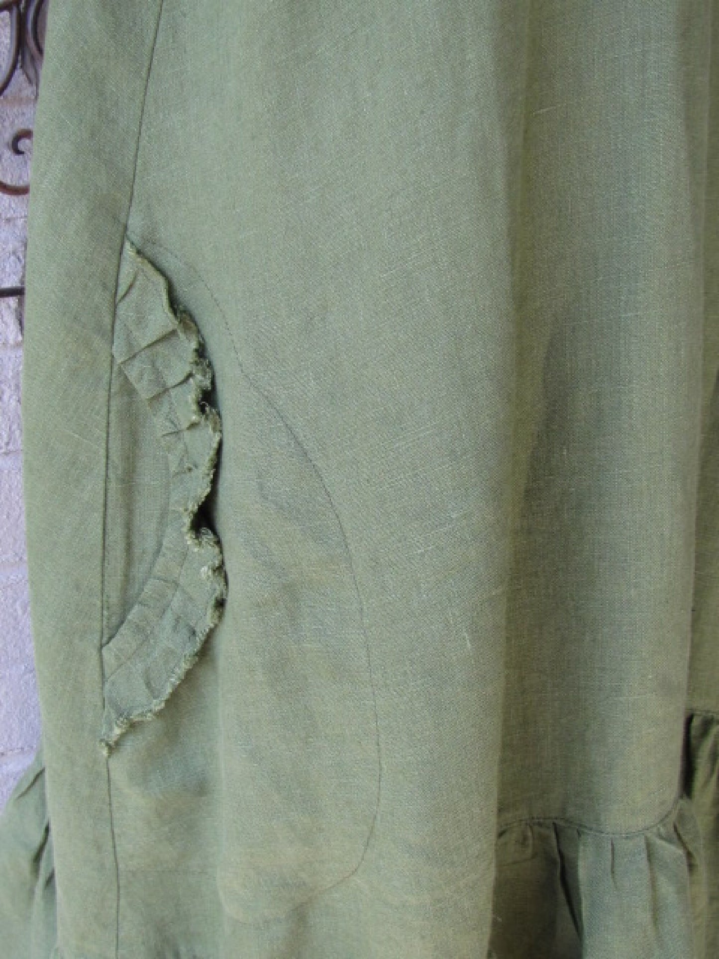 Sage Green Linen Dress - Ruffle Collar Midi with Pockets and Tiered Hem