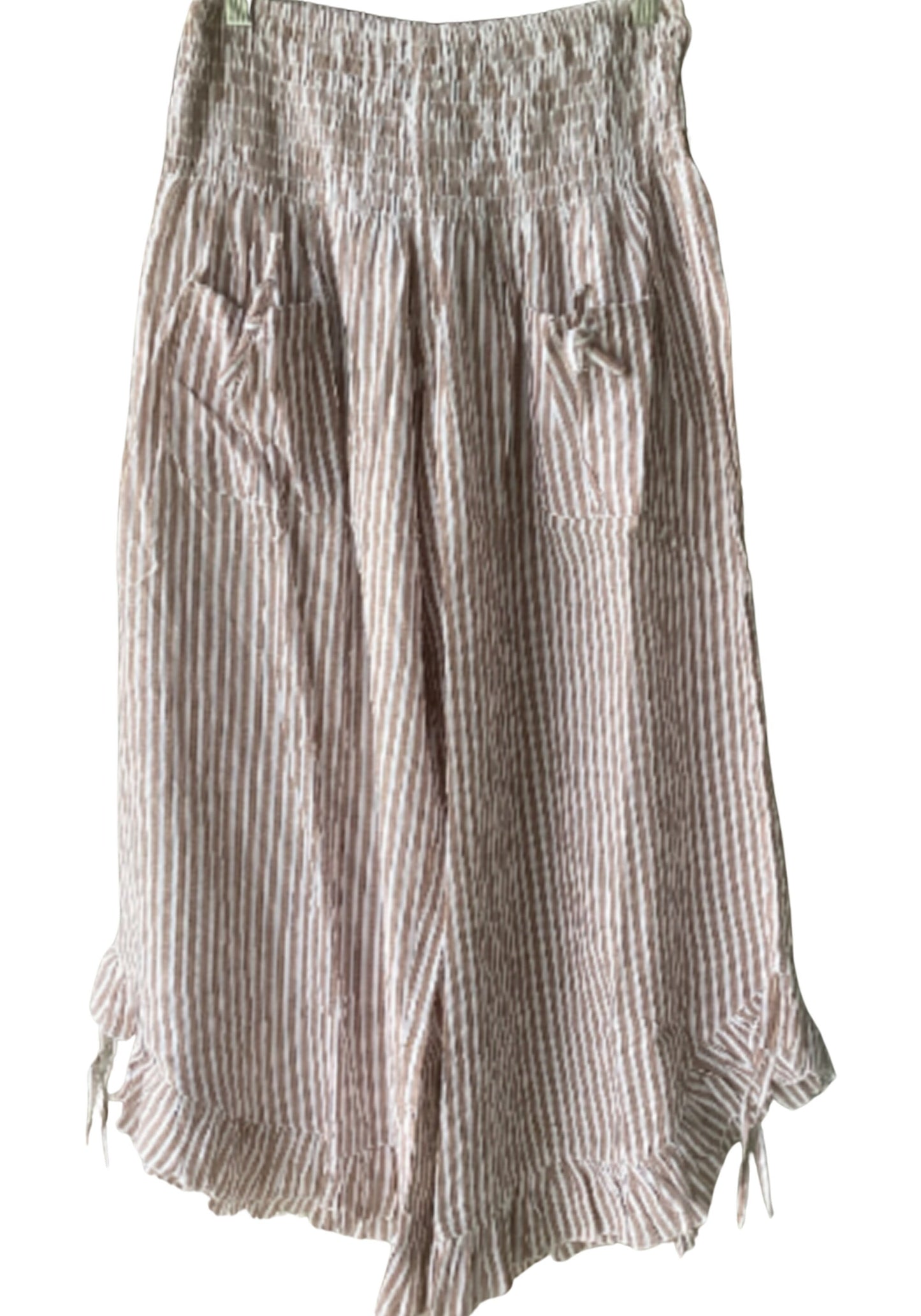 Wide Leg Cotton Capri Pants: One Size Ruffle Tie, Elastic Waist