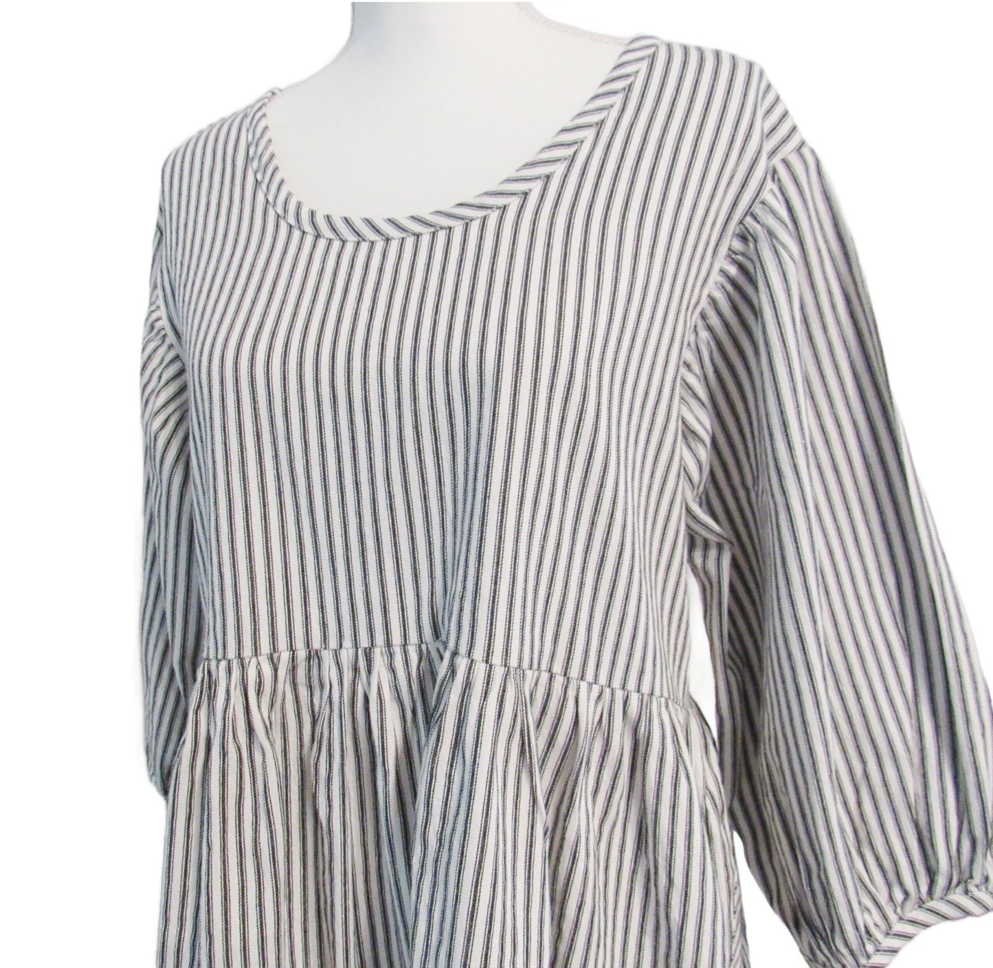 Cotton Ticking Tunic Dress - 3/4 Sleeve, Empire Waist, Eyelet Lace - Made in USA