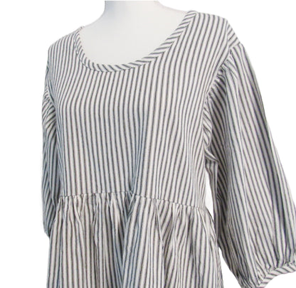 Cotton Ticking Tunic Dress - 3/4 Sleeve, Empire Waist, Eyelet Lace - Made in USA