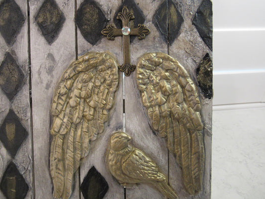 Handmade angel wings and bird decorative picture on wood