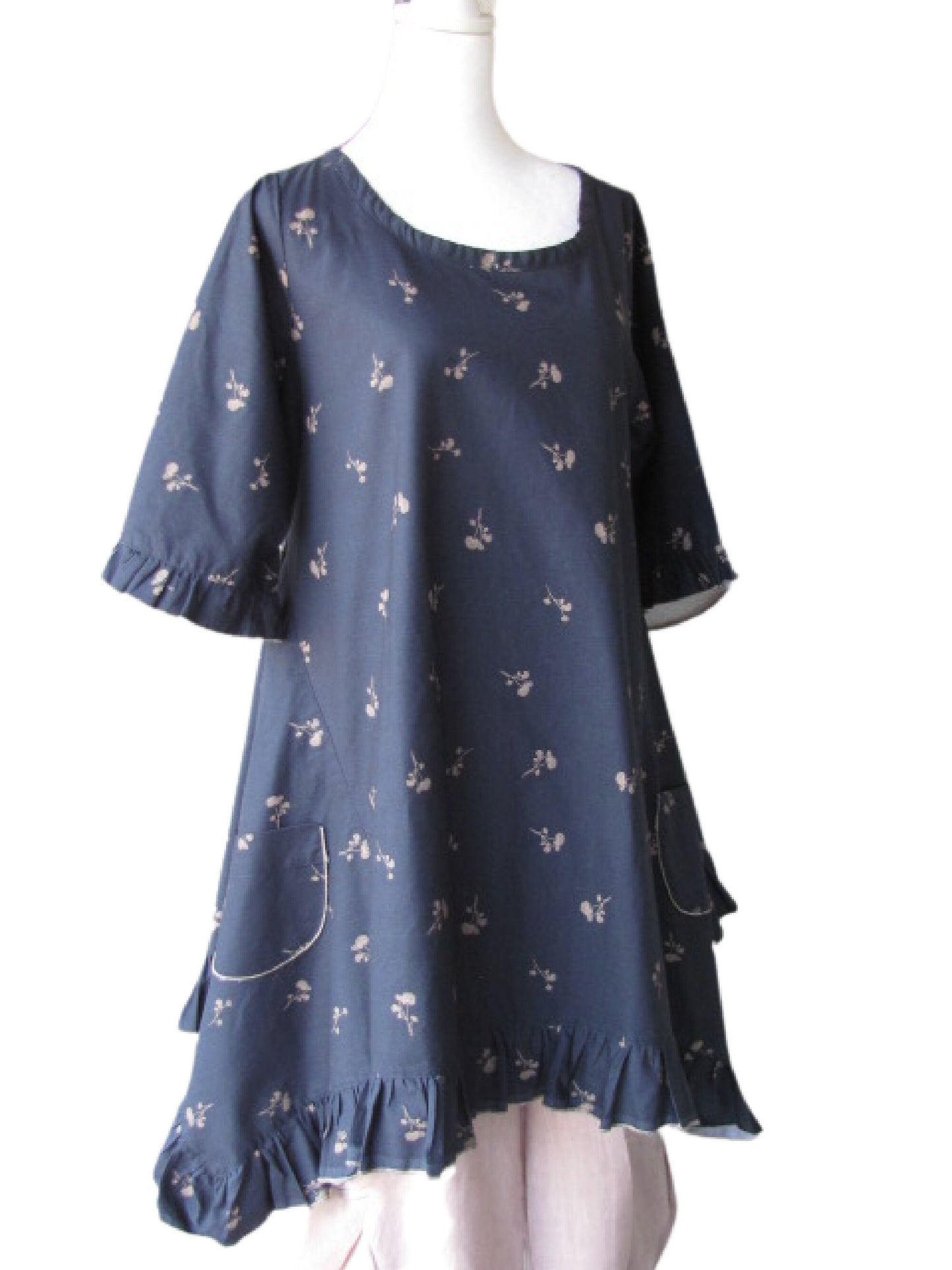 Floral Cotton Swing Top - Navy Blue Ruffle Tunic, Size Small