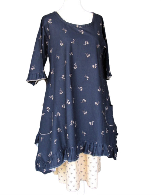 Floral Cotton Swing Top - Navy Blue Ruffle Tunic, Size Small