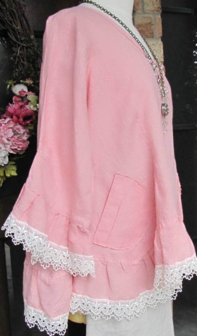 Ladies 100% Pink Linen Ruffle Rosie Top with Venise Lace