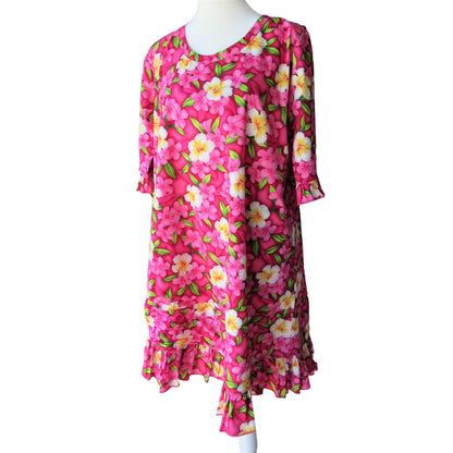 Hot Pink Floral Tunic Dress - Short Ruffle Sleeve Cotton Dress with Ruffle Hem & Pockets (XS)