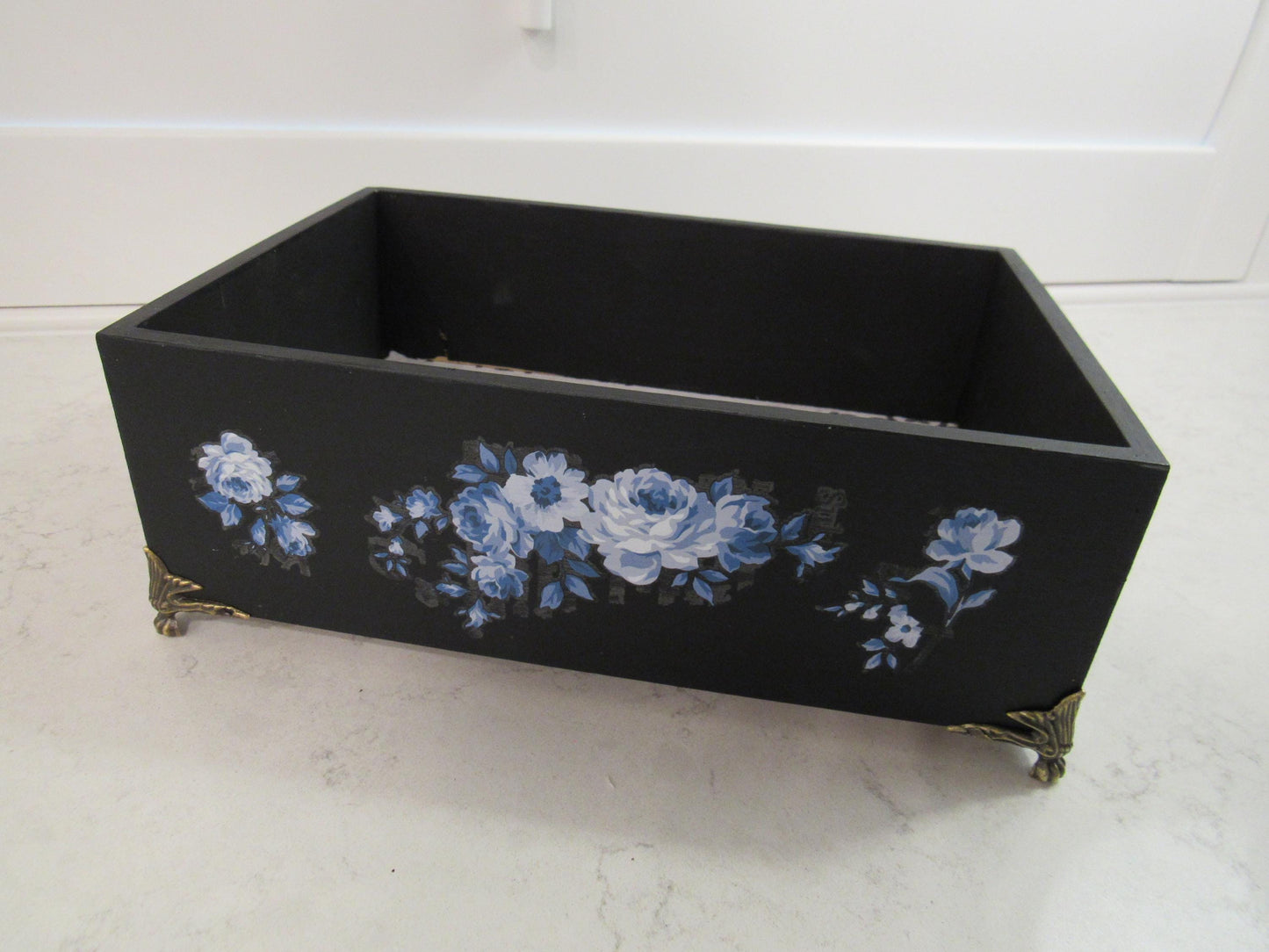 Hand-Painted Bamboo Storage Box with Blue Florals - Black with Brass Feet