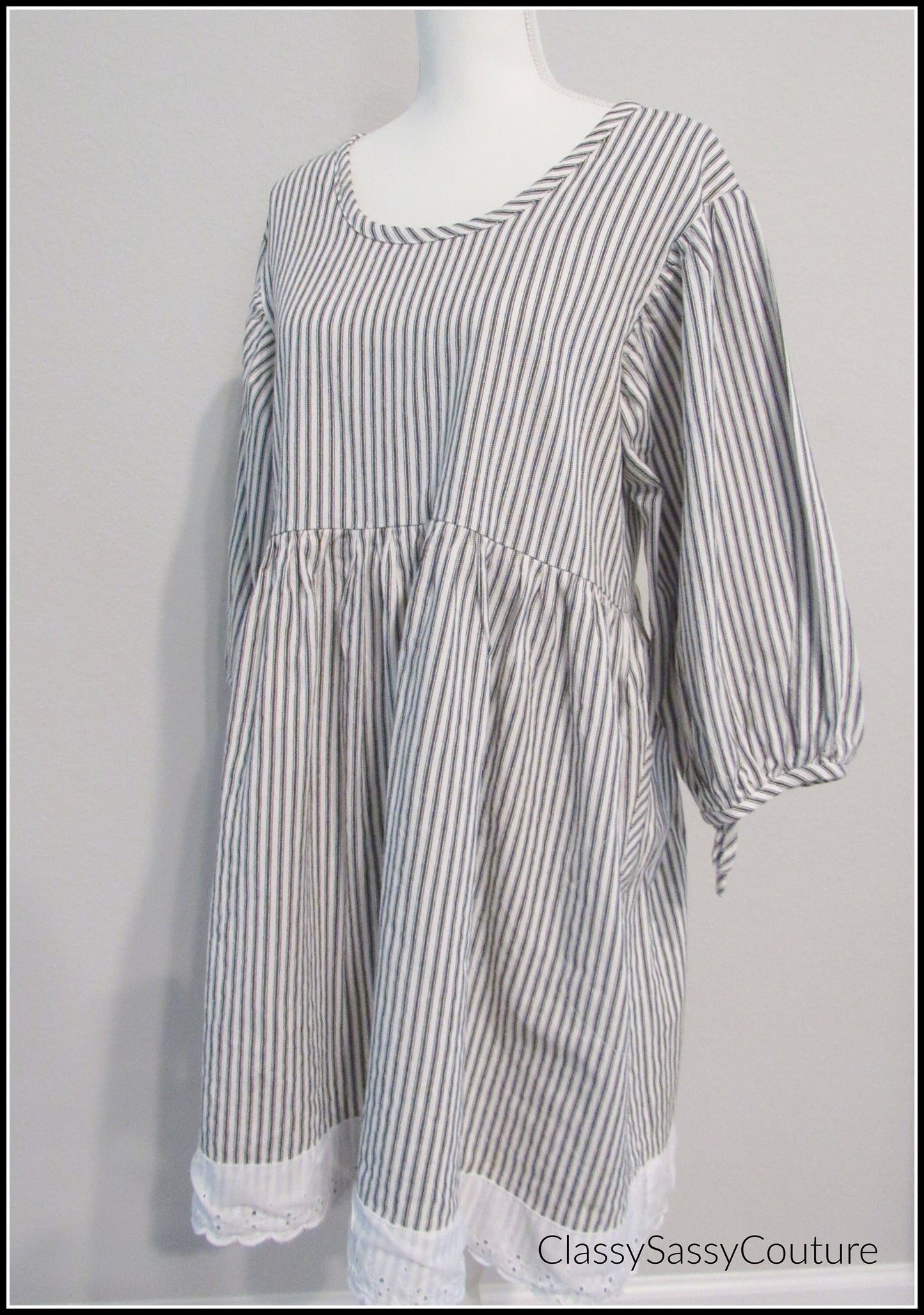 Cotton Ticking Tunic Dress - 3/4 Sleeve, Empire Waist, Eyelet Lace - Made in USA