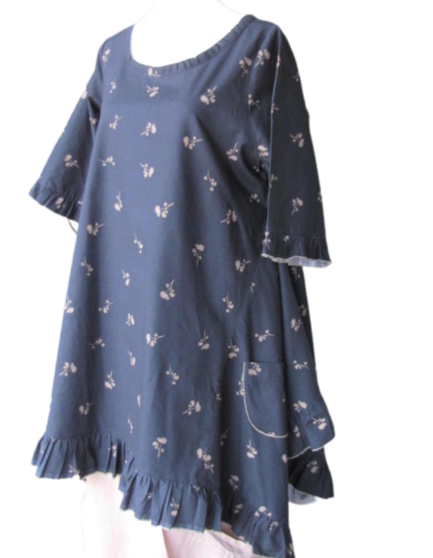 Floral Cotton Swing Top - Navy Blue Ruffle Tunic, Size Small