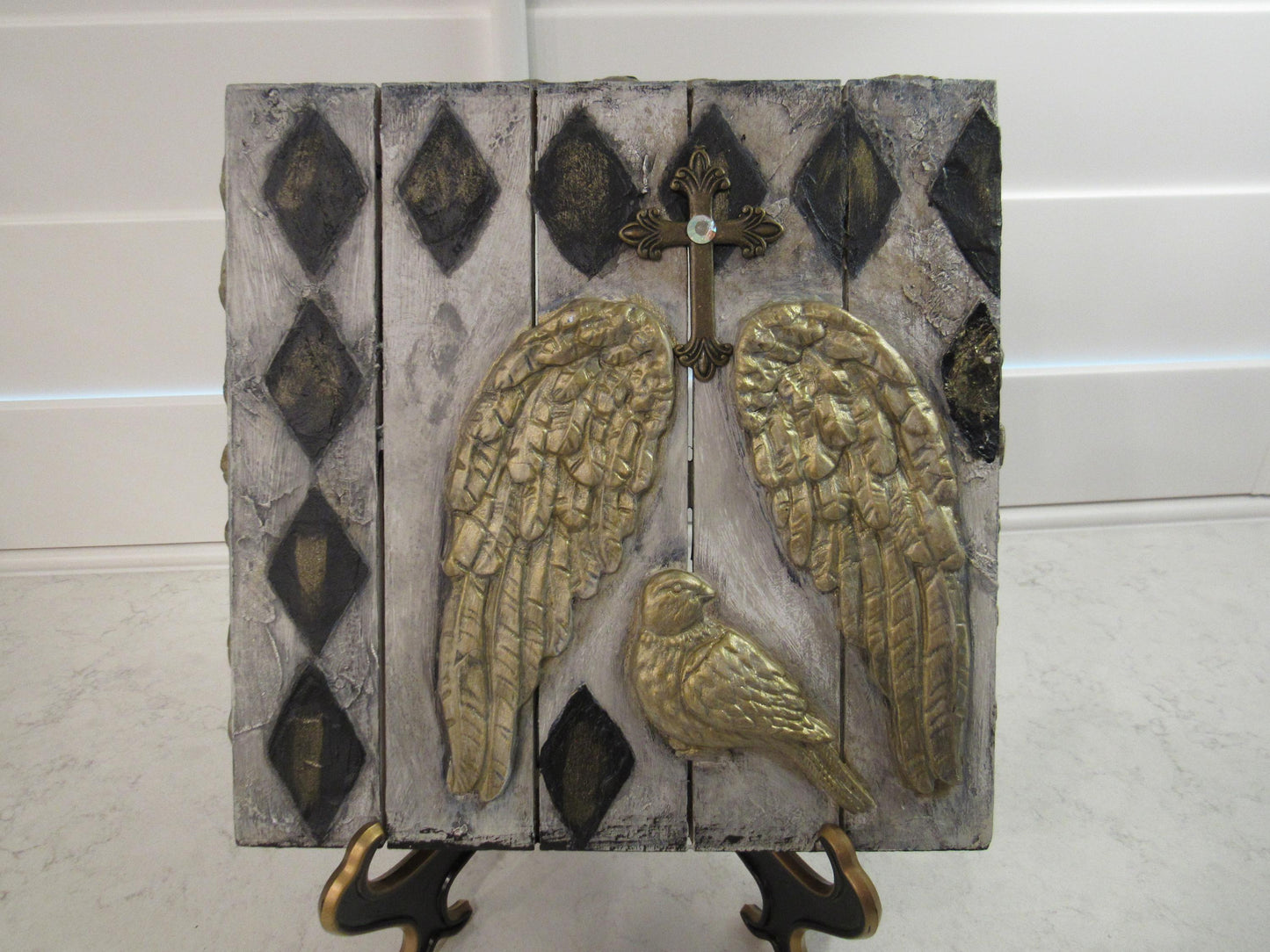 Handmade angel wings and bird decorative picture on wood