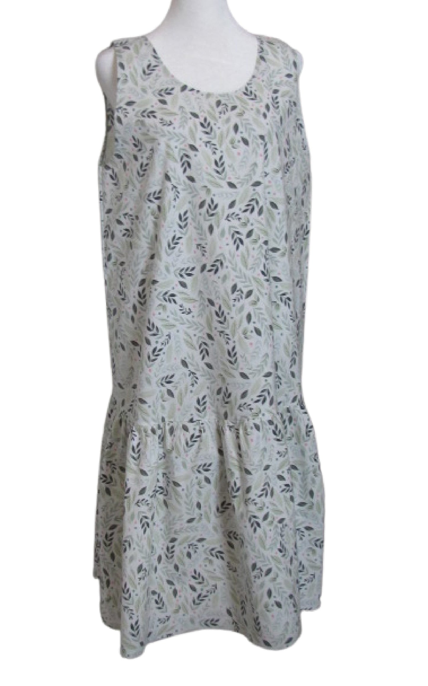 Handmade Cotton Slip Dress - Ruffled Hemline, Leaf Print (Small-Medium)