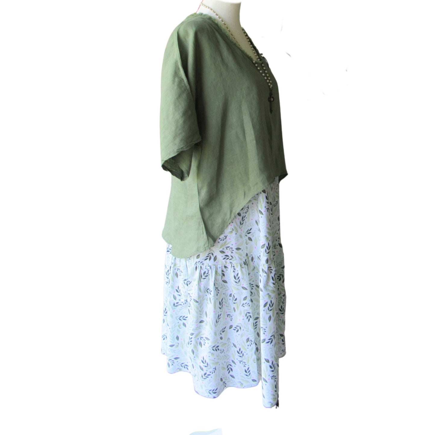 Handmade Cotton Slip Dress - Ruffled Hemline, Leaf Print (Small-Medium)